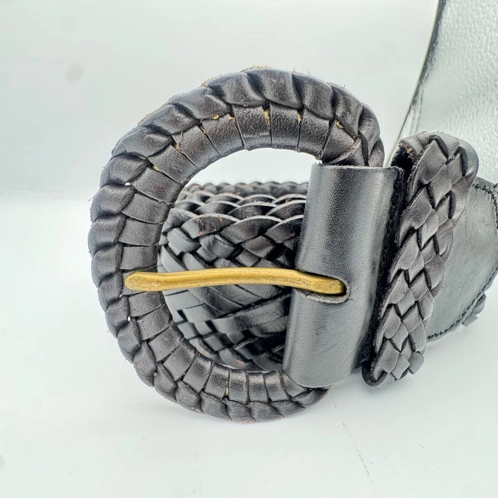 Vintage Black Braided Woven Leather Belt Wide Boho Round Buckle Brass Prong 40in